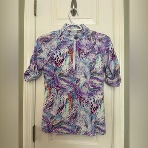 TZU TZU Sport Abstract Print Samba Shortsleeved Polo Shirt Golf Small b6